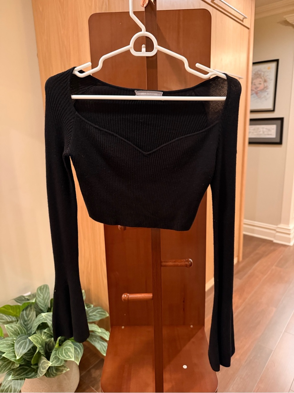 Urban Outfitters Black Ribbed Square Neck Long Sleeve Crop Top